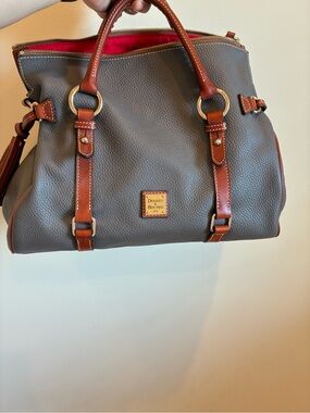 Dooney & Bourke Large Pebbled Leather Grain Satchel in Taupe with Brown Trim